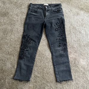 Free People Black Wash Embroidered Jeans - Ankle Length; Size 27